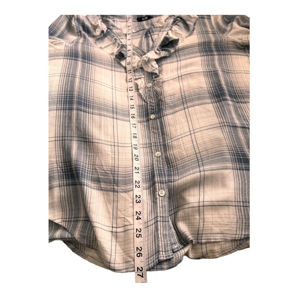 Paige Plaid Shirt Button Up  Distressed Ruffle Collar Festival Semi Sheer Size M - Picture 8 of 9